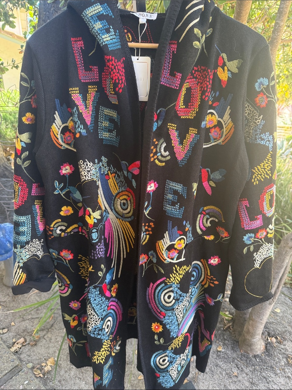 Adore Black Embroidered Open sweater coat  with Multicolor 'LOVE' Motifs